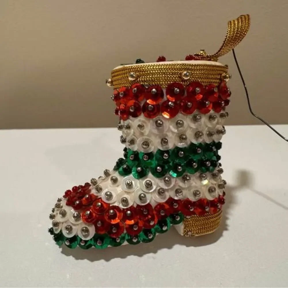 Vintage Push Pin Sequined Christmas Boot Ornament